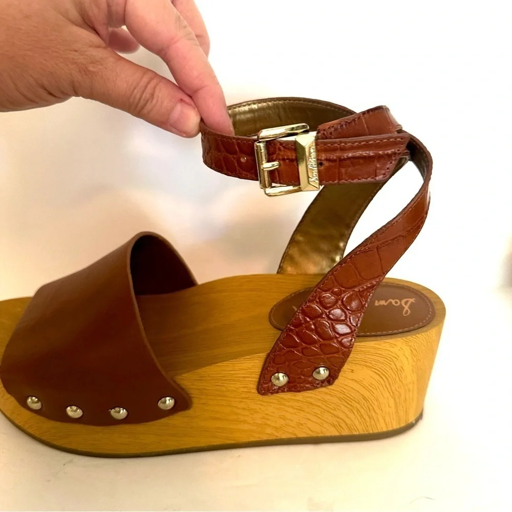 Sam Edelman Wood Platform Clog Sandel Brown Leather Size 8